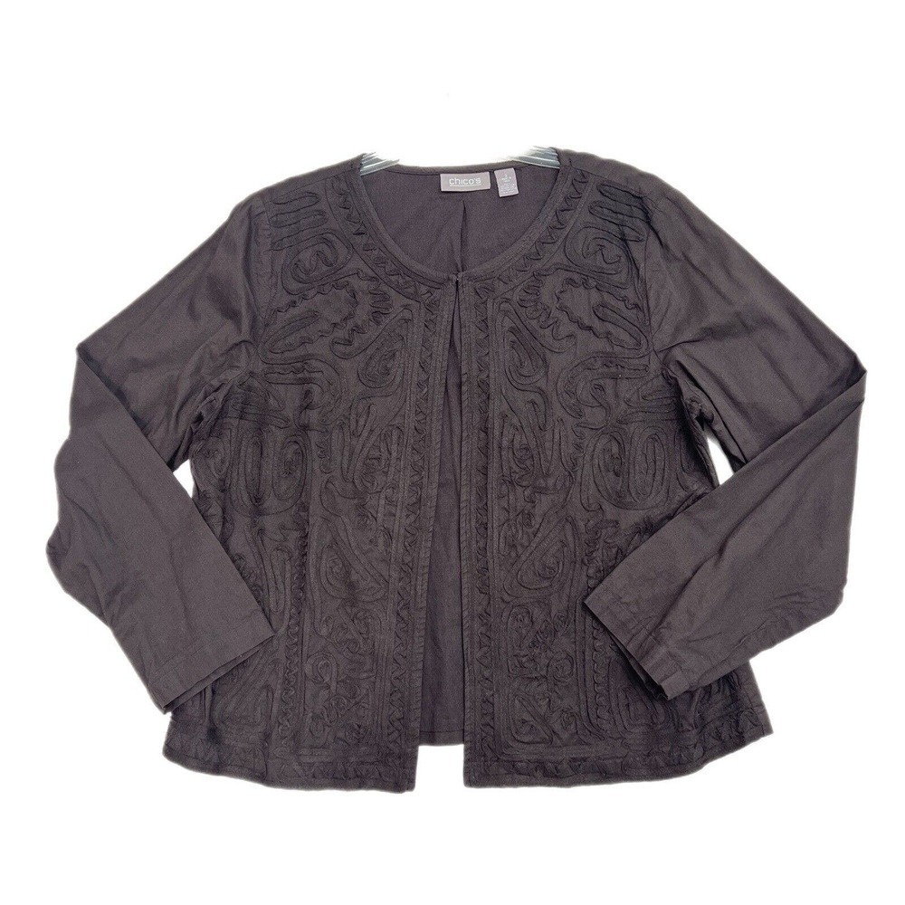 Chicos Lightweight Jacket Size 2 Large Brown Embroidered 100% Cotton